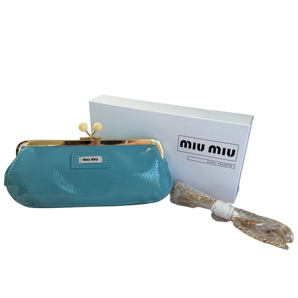 MIU MIU Parfums Light Blue Kiss-Lock Clutch w Gold-Tone Crossbody Chain NIB
